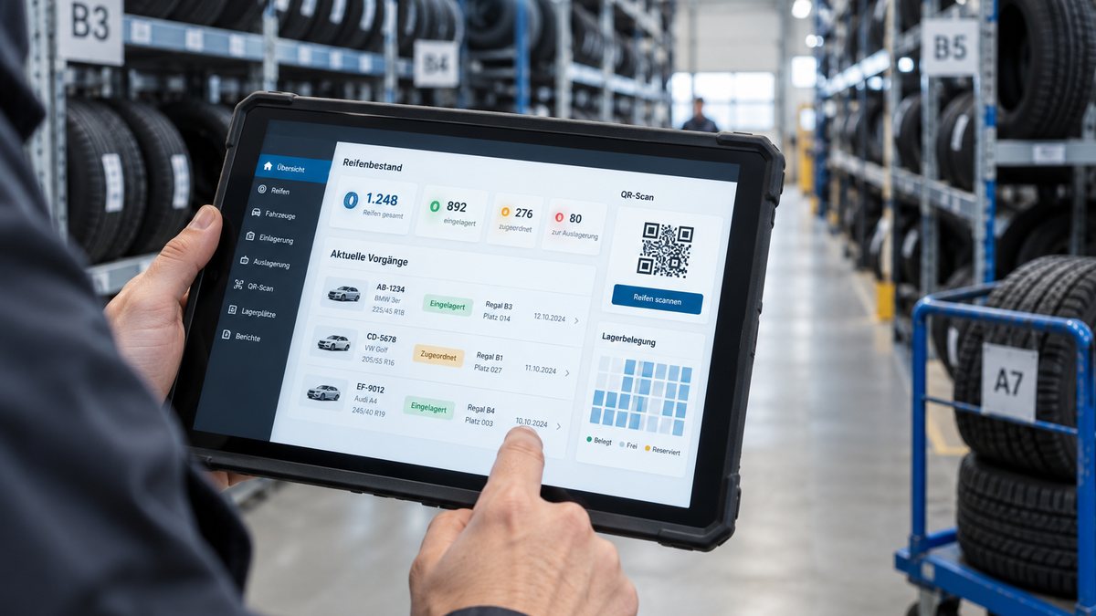 Reifenlager-App auf dem Tablet im Lager